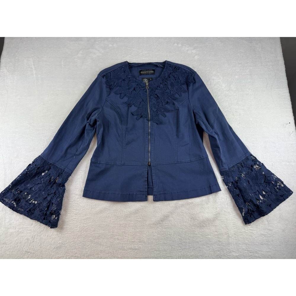 Chic Lace Blue Jacket‎ Bell Sleeves Front Zip Pockets Casual Medium